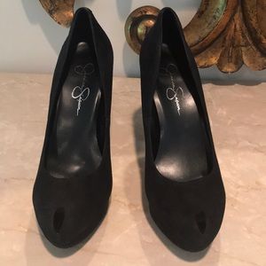 Suede Platform Pumps with small peep toe in black